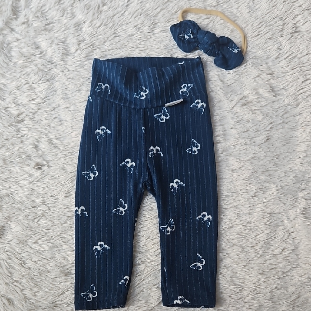 Navy Blue Floral Baby Leggings with Headband